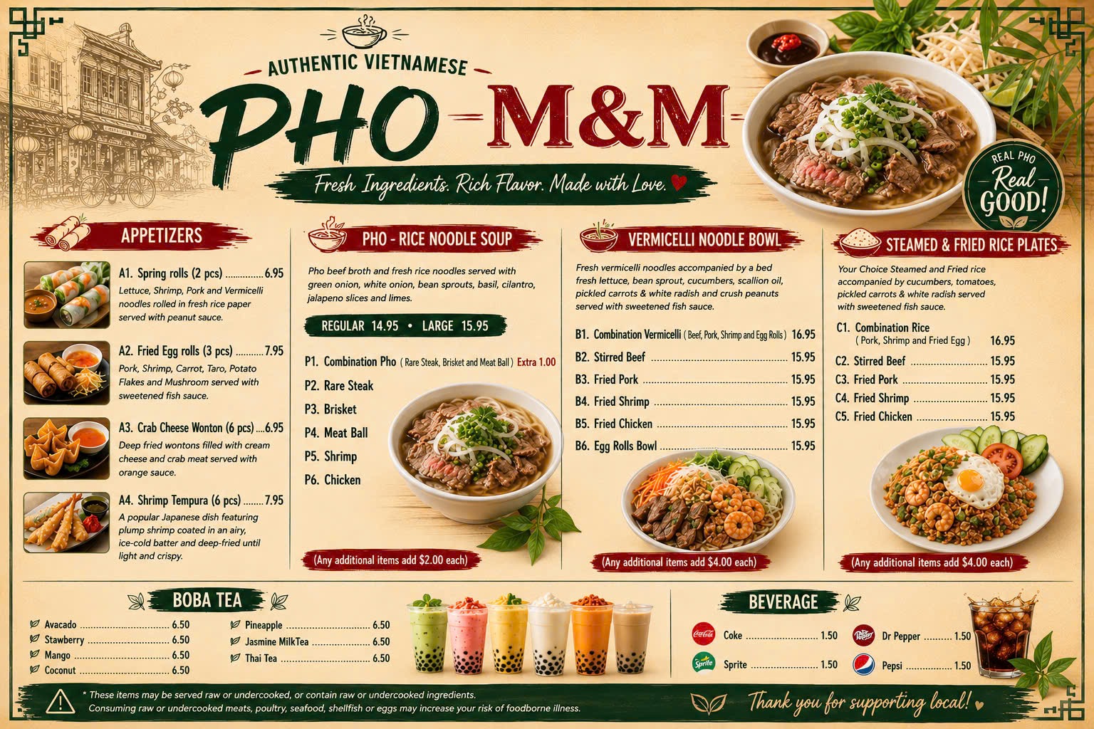 Pho M&M full menu with appetizers, pho, vermicelli bowls, rice plates, boba tea, and beverages